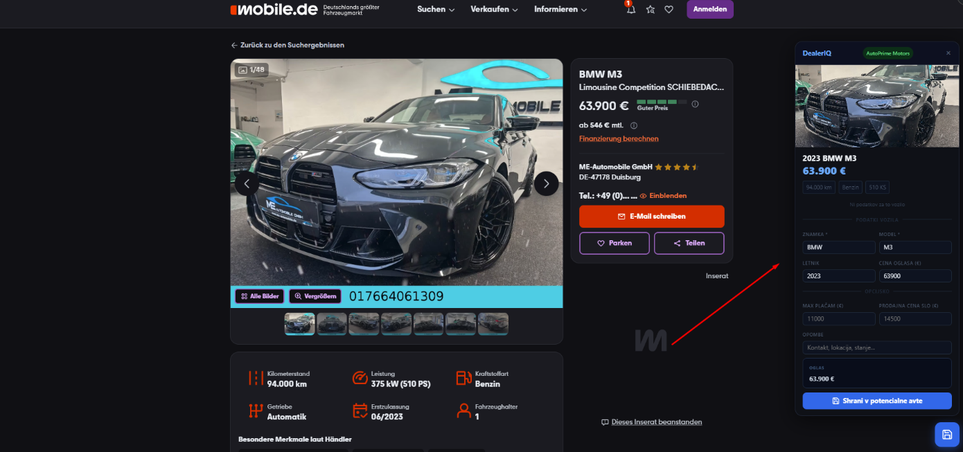 DealerIQ Potencialni avti detail