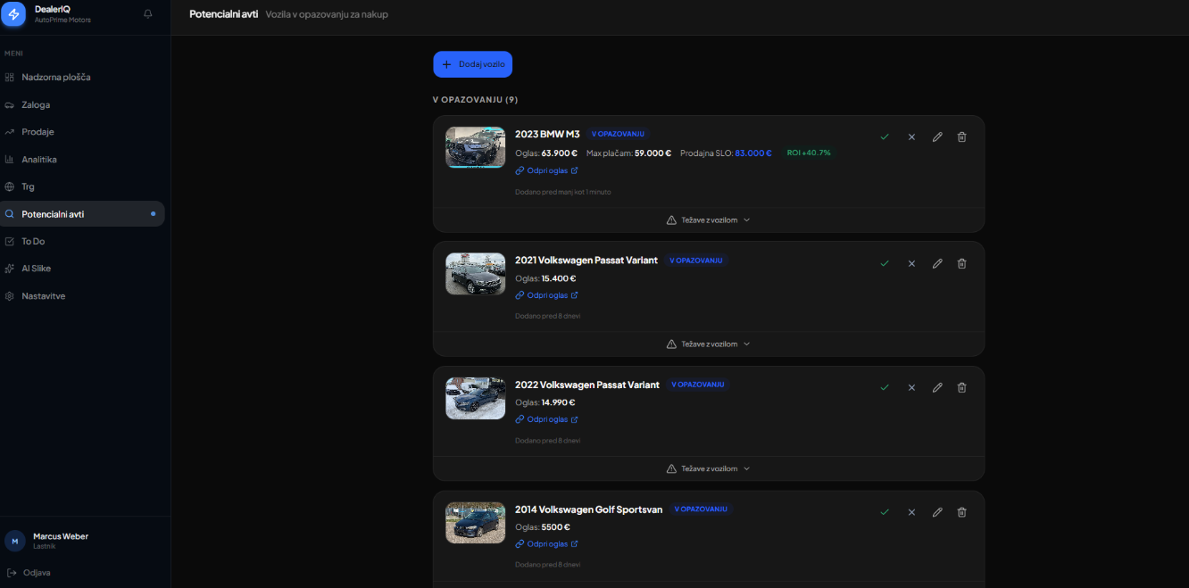 DealerIQ Potencialni avti